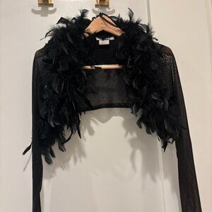 La Belle Black Feather Trim Sheer Mesh Shrug (Size M, Made in USA)